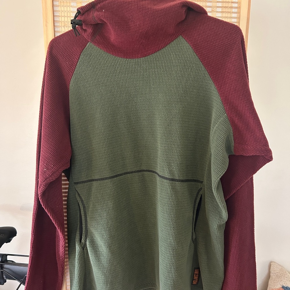 MELANZANA: Green and Burgundy Micro Grid Hoodie